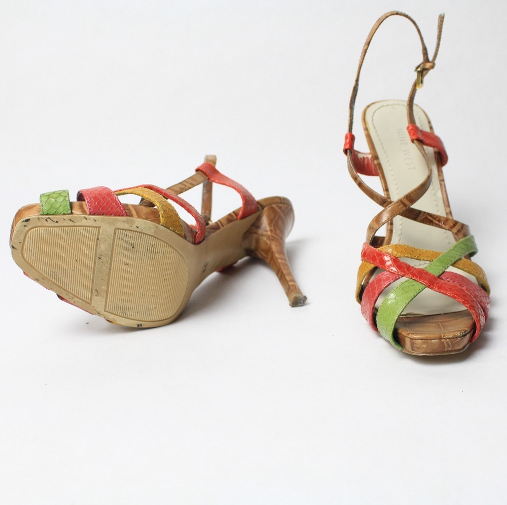 Final Sale Vintage Nine West Red Yellow Green Strappy Heels Sandal Size 6.5 - Picture 5 of 5